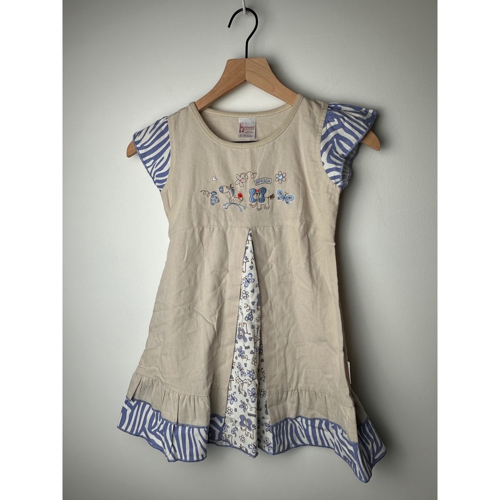 Hooligans Kids Dress 5-6 Years‎ Beige Blue Africa Embroidered Cotton